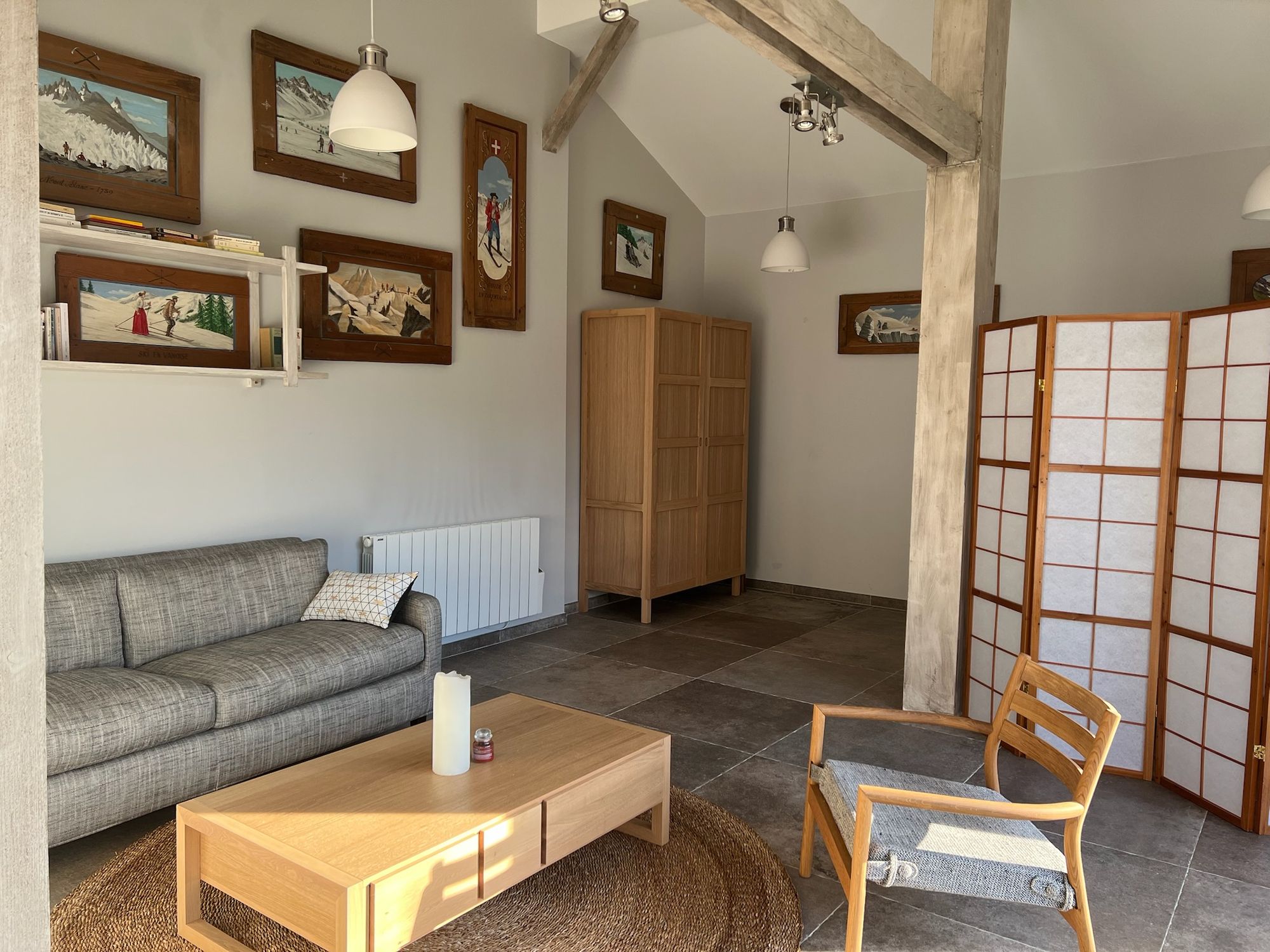 The guest cottage living area under exposed beams